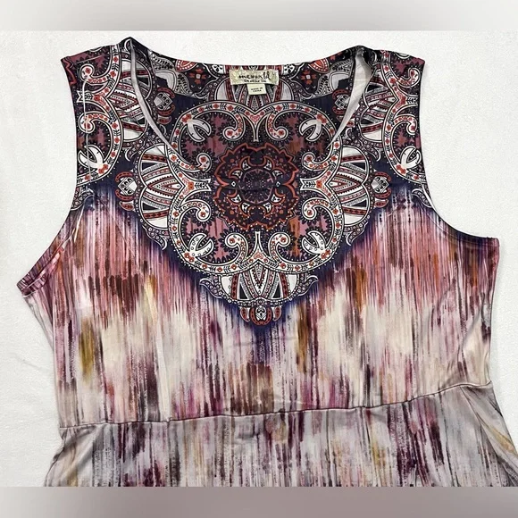 ONE WORLD Live & Let Live Sleeveless Boho Ombre Print Paisley Neckline Dress - Picture 3 of 16